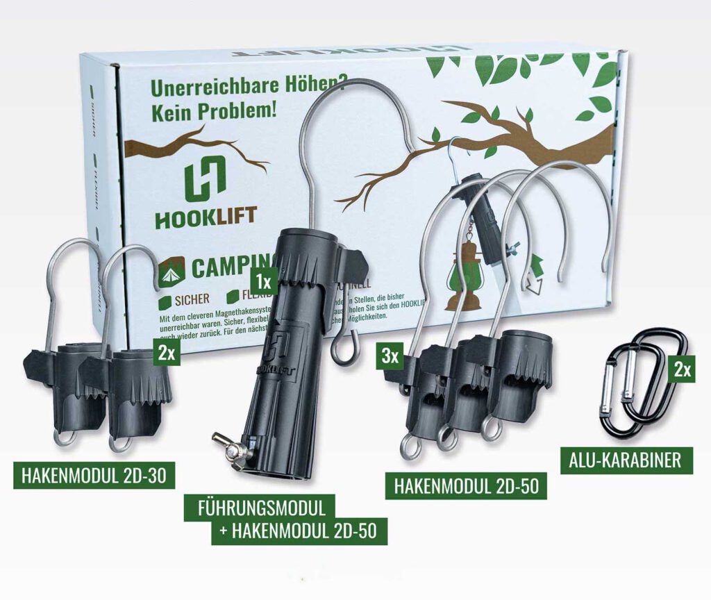Hooklift - CAMPING Set - Magnet-Haken-System - Mit Führungsmodul, vers. Hakenmodulen & Karabiner - Sicheres, Flexibles und Schnelles Aufhängen von Gegenständen im Outdoor-Bereich - Keine Leiter nötig
