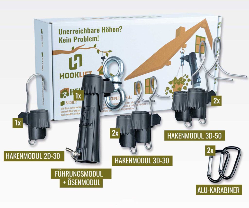 Hooklift - HEIM SET - Magnet-Haken-System - Mit Führungsmodul, verschiedenen Hakenmodulen, Ösen-Modul & Karabiner - Sicheres, Flexibles & Schnelles Aufhängen von Gegenständen - keine Leiter nötig
