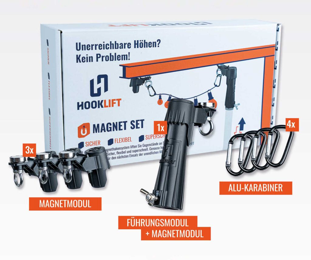Hooklift – MAGNET SET - Magnet-Haken-System - Mit Führungsmodul, Magnetmodulen & Karabiner - Sicheres, Flexibles und Schnelles Aufhängen von Gegenständen an Metall-Oberflächen - keine Leiter nötig
